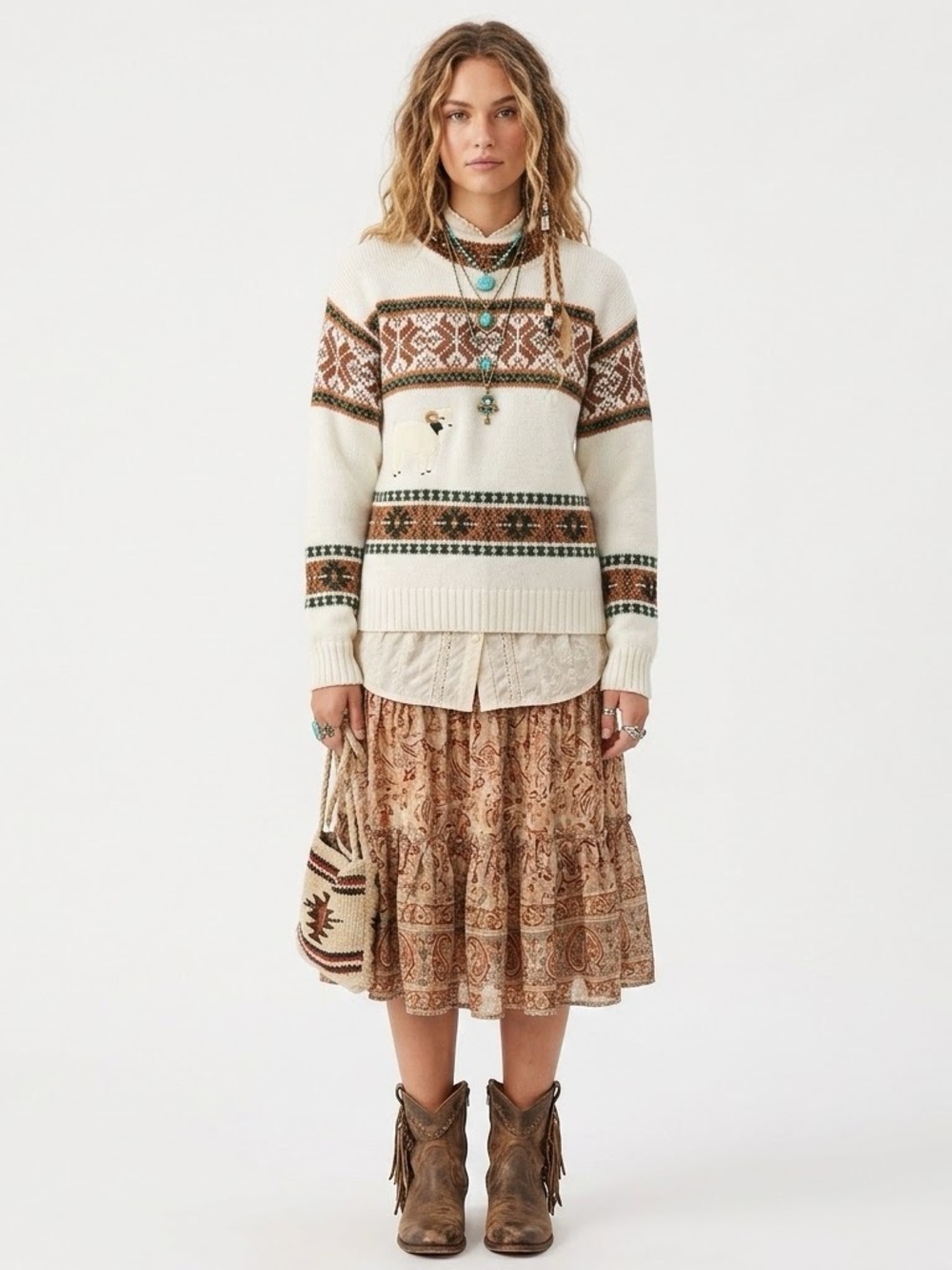 Boho Cabincore Fair Isle Mock Neck Sweater Nordic Kitschy Ram Cottagecore Twee